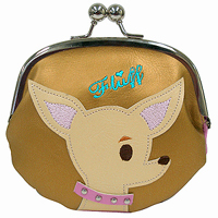Chihuahua Coin Purse features cute Chihuahua on a gold background. Flip it over and the background is a very hip pink! Measures 5.50" X 5.50" (13.335 X 13.335 cm).