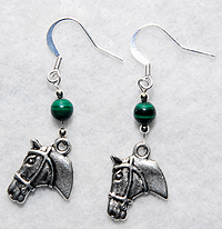PugSpeak Horse Earrings features genuine Malachite gemstone beads are paired with silver pewter horse charms.  