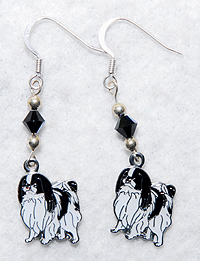 Japanese Chin Earrings 1 features jet black Aurora Borealis Swarovski crystals reflect the light beautifully and compliment our black and white Japanese Chin charms.