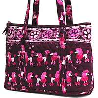 Poodle Purse 1 is a designer inspired quilted Poodle handbag featuring cute fuchsia Poodles on a cranberry background. Measures 14.50" X 9.50" (36.83X 24.13 cm).