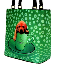 Retriever Purse 1 is a Microfiber Retriever bucket handbag features a cute golden Retriever puppy in a coffee cup with a green polka dot background. Measures 10.00" X 9.50" (25.40 X 24.13 cm).