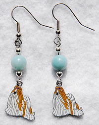 Shih Tzu Earrings 1 features genuine aqua Amazonite gemstone beads are paired with white and tan enamel Shih Tzu charms. Perfect for the Shih Tzu lover.