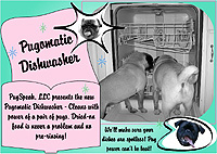 Pug Card 226 is a Fun, Retro theme and is a vintage ad for Pugomatic Dishwasher. Featuring PugSpeak's own Ian, Mackie and Zander.
