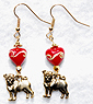 Pug Earrings 19 - Valentine red Lampwork hearts etched with gold swirls and completed with gold pewter pug charms.