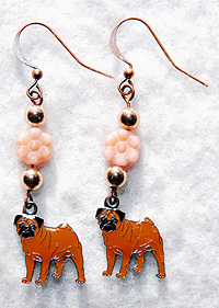 PugSpeak Pug Earrings features cherry Quartz beads, copper plated findings, and enamel Pug Charms