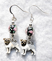 Pug Earrings 5 feature black flowered Lampwork beads and painted pewter pug charms.