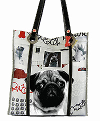 Pug Purse 11 is a wonderful large shopping tote/bag featuring black and white pug image on a black, white, and red coated canvas background with faux leather shoulder straps. This bag measures 13.00" X 14.00" (33.02 X 35.56 cm)