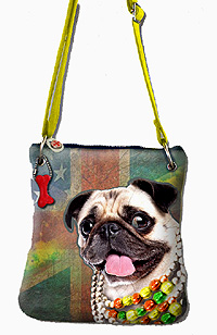 Pug Purse 17 is a cross body pug purse has pug image on multi-colored hoodie material with adjustable shoulder straps and red dog bone accent. Measures 11.00" X 10.00" (27.94 X 25.40 cm)