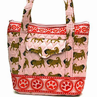 Pug Purse 22 is a designer inspired pink quilted pug bag with lots of fun fawn pugs and red puppy prints and shoulder straps. Measures 12.50" X 10.50" (31.75 X 26.67 cm). 