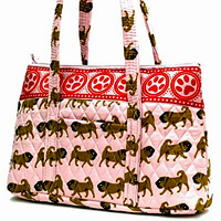 Pug Purse 23 is a designer inspired pink quilted pug bag with lots of fun fawn pugs and red puppy prints border on top with generous shoulder straps. Measures 14.50" X 9.50" (36.83 X 24.13 cm). Outside and inside compartments hold keys or cell phone.
