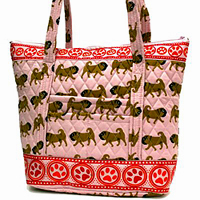 Pug Purse 25 is a larger version designer inspired pink quilted pug bag with lots of fun fawn pugs and red puppy prints border with shoulder straps. Makes a great pug handbag or tote! Measures 16.00" X 12.50" (40.64 X 31.75 cm). Outside and inside compartments hold keys or cell phone.
