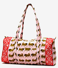 Pug Purse 28 is a designer inspired pink quilted pug duffle bag with fawn pugs and red paw prints with shoulder straps. Measures 18.00" X 9.00" X 9.00" (45.72 X 22.86 X 22.86 cm). Perfect for carrying to the gym, beach, or lake and makes a great all purpose pug handbag/tote bag.