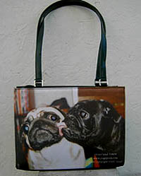 Pug Purse 2a features PugSpeak's own Dexter and Trevor on a brown background. Measures 10.00" X 7.7" X 3.00 (25.40X19.56X7.62 cm)