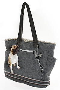 Pug Purse 3 measures 12.00" X 14.00" (33.02 X 35.56cm) with 10" drop corduroy straps. Perfect as a purse or tote. Thick fleecy sweatshirt in heather gray fabric with 100% modacrylic bleached multi-tone fur lining and inside detachable corduroy zipper pouch.