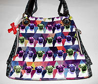 PugSpeak Pug Purse 38 measures 15.00" X 11.00" X 5.5" (38.1 X 27.94 X 13.97 cm) and features cute Warholesque rows of pugs in multi-colors on a velvet background with leatherette sides and adjustable shoulder straps. There are two interior compartments (one is zippered) and two exterior zippered pockets - perfect for your cell phone or keys.