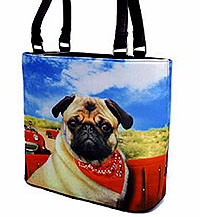 Pug Purse 4 is a microfiber pug bucket handbag measures 11.00" X 4.00" X 10.00" (27.94 X 25.4 X 10.16 cm) and features a cute pug in a bandana sitting in a pickup truck with a blue sky background. Generous shoulder straps complete the look.