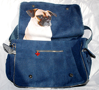 Pug Tote D is a denim bag that can be used as a handbag, tote, or pug messenger (laptop worthy) bag. When the flap is raised, a pug image peeks out! Measures 13.00" X 11.00" (33.02 X 27.94 cm). 