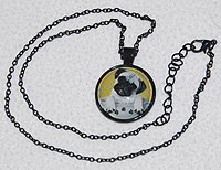 Pug Necklace 10 - Fawn Pug on yellow backround with black chain.
