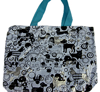 Pug and Pet Tote E From Fluff's Mod Dog Series - this tote is made of coated canvas, teal canvas shoulder straps and has teal contrast color interior and pockets. A stylish black, white, and silver design features numerous dog breeds including fawn pugs and black pugs. 