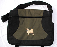 Pug Tote A is made with durable 600-Denier (ripstop poly) fabric and offers 1,075 cubic inches of space! Large enough to carry a laptop, this messenger bag also features adjustable shoulder straps, three zippered compartments, a zippered closure, two water bottle compartments, a cell phone compartment, an attached keyring, and numerous pockets for pens, etc. Olive green inset on black with a fawn embroidered pug. Measures 16.25" X 11.50" X 5.75" (41.275 X 29.21 X 14.605 cm)./p>

