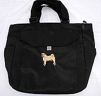 Pug Tote B in Black Pug Tote B is made with sturdy Microfiber fabric and is large enough to carry a laptop. This pug tote bag also features adjustable shoulder straps, two inner zippered compartments,a zippered closure, two water bottle compartments, an interior cell phone compartment, and numerous pockets for pens, etc. Black with a fawn embroidered pug. Measures 13.50" X 13.50" X 5.00" (34.29 X 34.29 X 12.7 cm).