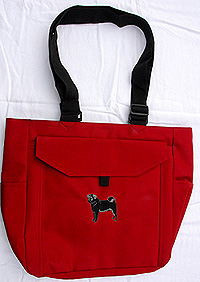 Pug Tote B in red Pug Tote B in red is made with sturdy Microfiber fabric and is large enough to carry a laptop. This pug tote bag also features adjustable shoulder straps, two inner zippered compartments,a zippered closure, two water bottle compartments, an interior cell phone compartment, and numerous pockets for pens, etc. Black embroidered pug. 