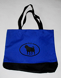 PugSpeak Pug Tote H Pug Tote H in deep royal blue with black trim is made with sturdy canvas fabric and is large enough to carry a small laptop or iPad. This pug tote bag also features two sturdy shoulder straps, and a black pug within a circle and the title Pug.