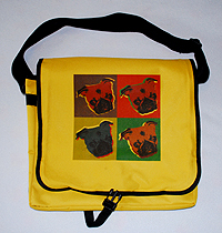 PugSpeak Pug Tote I Pug Tote I in bright yellow is made with sturdy canvas fabric and is large enough to carry a laptop. This pug tote bag also features adjustable shoulder straps, one inner compartments, and a zippered compartment. Best of all, the outer flap (which securely fastens) features a Warholesque multi-colored pug design.