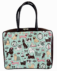 Pug Tote J From the Fluff Doggy Boudoir series - features a multitude of breeds including Pugs, Bulldogs, Shih Tzus, and Poodles on a aqua blue striped background! With two zippers and sturdy handles, this case is a great choice to carry your laptop.   