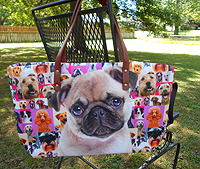 Pug Tote K features a cute fawn Pug puppy with a purple and pink backdrop and photos of other breeds including Poodle, Lab, and Boxer. This tote is made with durable Neoprene and faux leather shoulder straps and offers an interior zippered compartment and outer zipped closing.