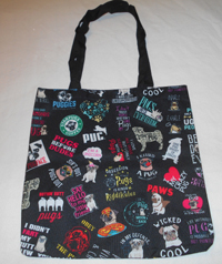 Pug Tote O Pug Tote O features cute Pug advrtisements on a black background. This tote measures 15.50" wide X 15.00" in length (39.37 X 38.1 cm) with a black shoulder strap measuring 34" around (86.36 cm). Hover your mouse to see a closer view.