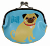 Fluff </em>pug coin purse featuring <em>Montague the Pug</em> on a sky blue background. The back is an imprint of <em>Montague</em> on mocha. Closes with a kiss-lock clasp. Measures 5.50" X 5.50"(13.335 X 13.335 cm). Large enough to hold a small cell phone.