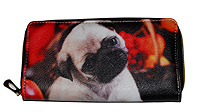 Pug Wallet 10.Red and organge background with sweet Pug and faux leather zip-around  zippered with coin as a divider and five card slots. Wallet Measures 7.50" X 4.50" 19.05 X 11.43 cm 