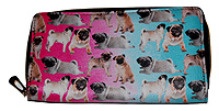 Pug Wallet 7. Pink and blue ombre background with multiple fawn Pugs and faux leather zip-around with zippered coin as a divider and five card slots. Wallet Measures 7.50" X 4.50" (19.05 X 11.43 cm)