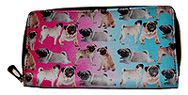 Pug Wallet 7. Pink and blue ombre background with multiple fawn Pugs and faux leather zip-around with zippered coin as a divider and five card slots. Wallet Measures 7.50" X 4.50" (19.05 X 11.43 cm)